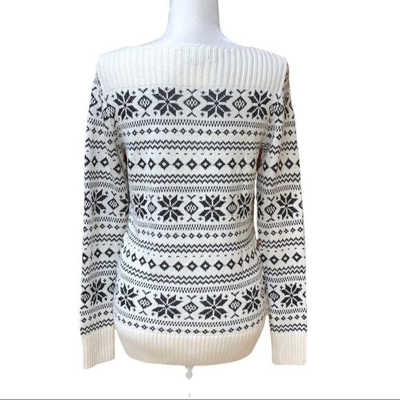 LOFT Winter Knit Sweater Cream Ivory/Black Wool Blend Womens Sz S - Picture 5 of 7